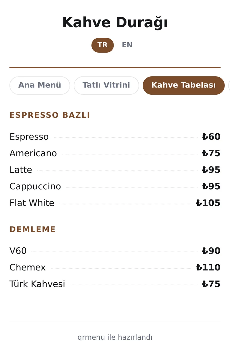 Tabela formatında bir kahve menüsü: kategoriler ve fiyatlar tek ekranda, büyük yazıyla.