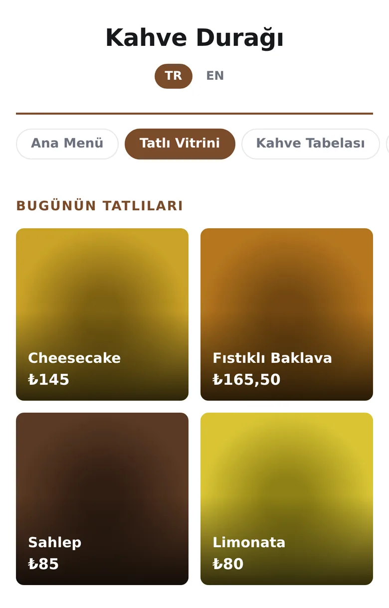 Vitrin formatında bir tatlı menüsü: her ürün büyük bir fotoğraf karesi, üzerinde adı ve fiyatı.